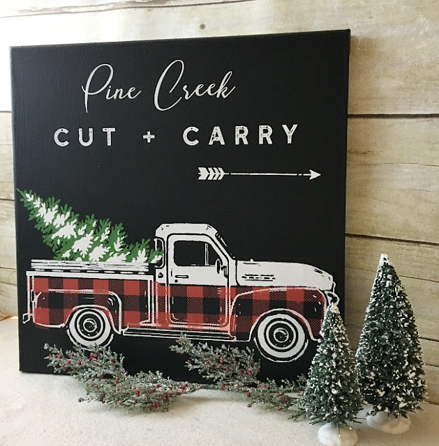 Vintage Paint and more... trendy red and black buffalo plaid done with the vintage truck and winter add on transfers on a black artist stretch canvas