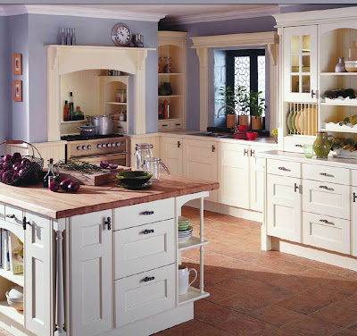 english country kitchen design in white with wooden cabinets and island