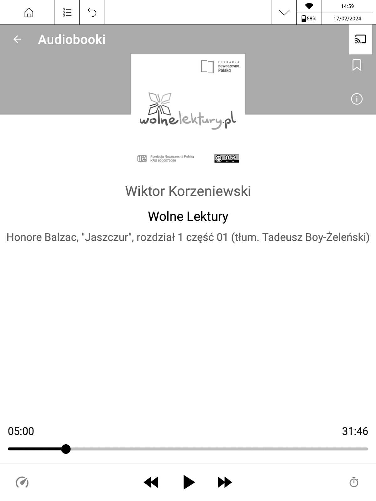 Ekran odtwarzania audiobooka w aplikacji PocketBook Reader na PocketBook InkPad X Pro