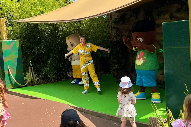 The mini stage at Chessington with JJ and Cody CoComelon characters on