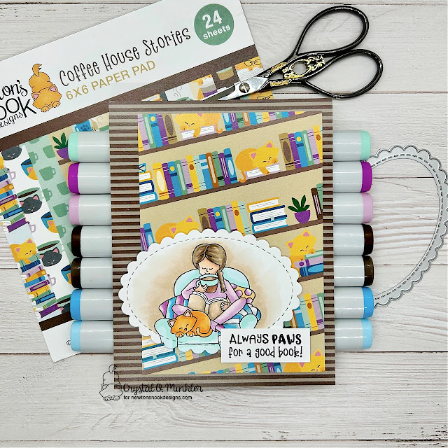 Always paws for a good book by Crystal features Sips & Stories, Oval Frames, All Booked Up, and Coffee House Stories by Newton's Nook Designs; #inkypaws, #newtonsnook, #coffeelovers, #coffeecards, #cardmaking, #cardchallenge