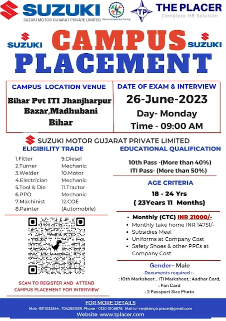 ITI Jobs Campus Placement Drive in Bihar for Suzuki Motor Gujarat Private Limited | Bihar Private ITI, Jhanjharpur Bazar, Bihar