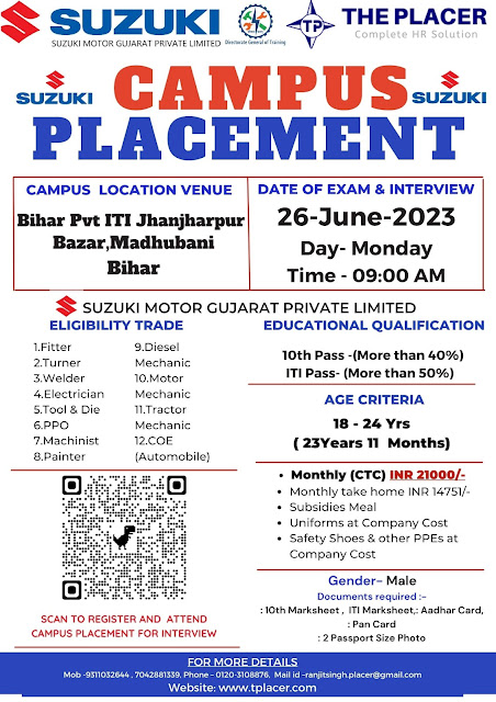 ITI Jobs Campus Placement Drive in Bihar for Suzuki Motor Gujarat Private Limited | Bihar Private ITI, Jhanjharpur Bazar, Bihar
