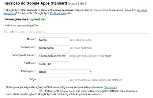 Criando conta do Google Apps