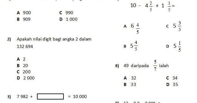 Soalan Matematik Tahun 4 Dan Jawapan Pdf - Selangor a