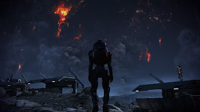A Turian watches helplessly as his planet burns.