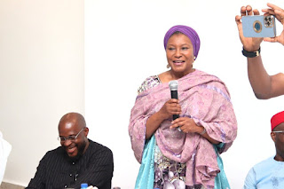 FCT Senator, Ireti Kingibe with 2023 Presidential candidate of the Labour Party (LP), Peter Obi, and another Labour Party (LP) member, at the welcome dinner hosted by the former Governor of Anambra State in Abuja