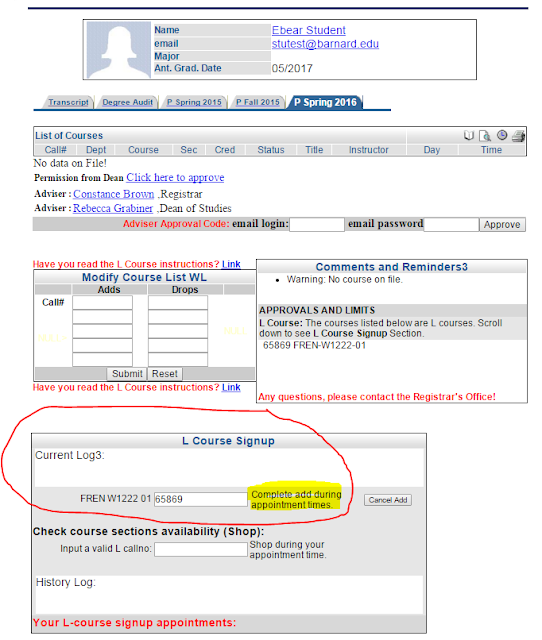 myBarnard Technical Glitch Fixed -- check your L-Course box to update your program