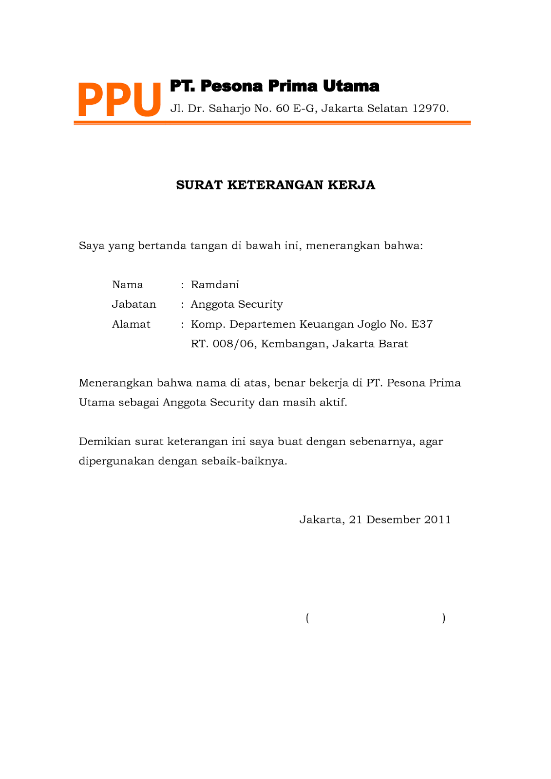 Surat Keterangan Kerja - Surat Referensi Kerja