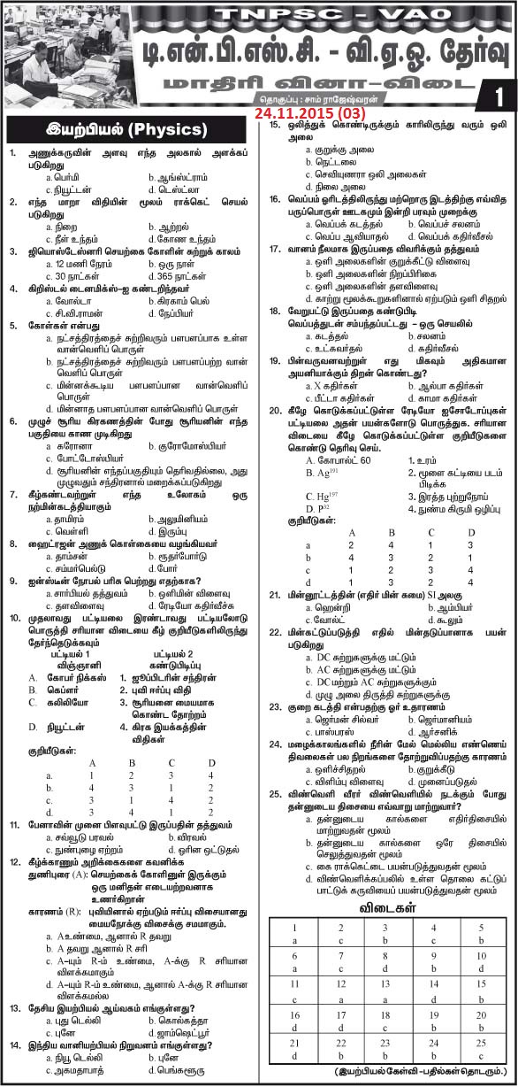 Model Questions and Answers for   TNPSC VAO Exam 2015  24.11.2015  Daily Thanthi Series (03)    [Download 2015 VAO 03]   Courtesy : Daily Thanthi