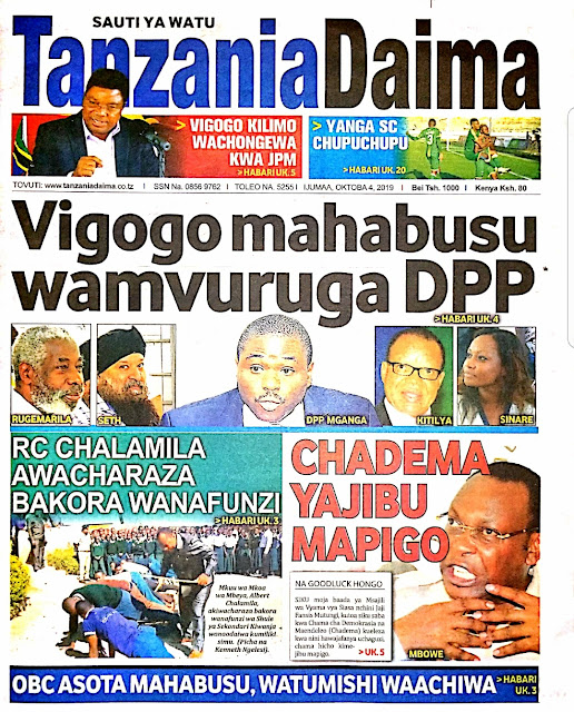 Magazeti ya Tanzania ya leo tarehe 04 Oktoba 2019