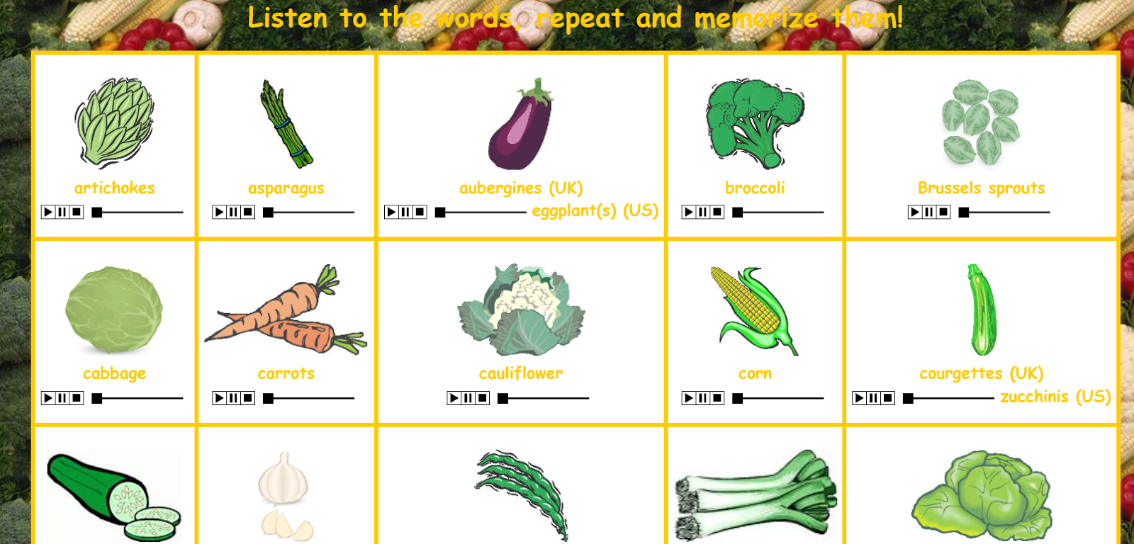 http://www.letshavefunwithenglish.com/vocabulary/vegetables/vocabulary.html