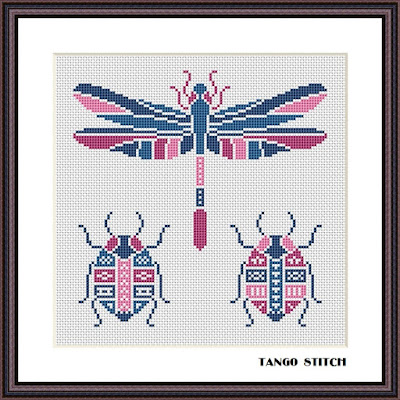 Dragonfly ornaments beetles stained glass cross stitch embroidery - Tango Stitch
