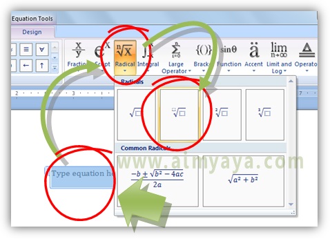  Gambar: Cara memilih akar dengan derajat di equation editor Microsoft Word