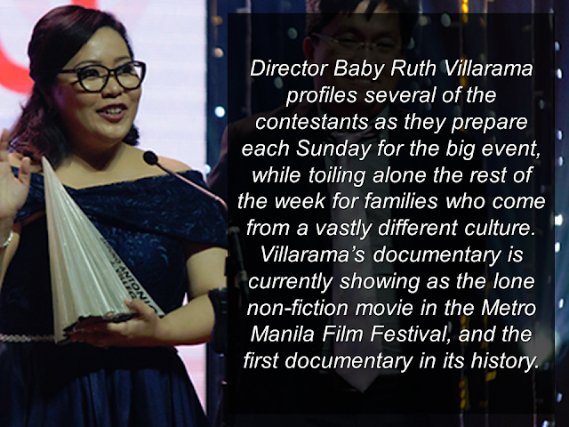 Sunday Beauty Queen recently bagged the Best Picture Award from the Metro Manila Film Festival (MMFF) in spite of the fact that it was not shown in major cinemas in the country. Being the only OFW oriented MMFF entry, it tackles the true-to-life Cinderella story of the OFWs  working in Hong Kong. The one day glamour of the life of Hong Kong household service workers out of busy, unforgiving week of workloads. It is the first documentary film about OFWs that made it as an entry to the prestigious MMFF for a very long time. It tackles  about HSWs in Hong Kong, their daily life, their struggles and everything that they've been through.    There are 190,000 documented OFW professional helpers in Hong Kong.   They work almost 24 hours a day for 6 days. Sunday is their rest day. The only day that they can spend for themselves. But just like the story of Cinderella, at the end of the day, glamour and fancy bliss ends and it's time to go back to reality.        If you did not watch this movie yet, take time to watch. It will definitely uplift your spirit if you are an OFW, and if you are not an OFW, you will further understand their situation and will surely change the notion that OFW life is fun and just like picking up dollars on the street.