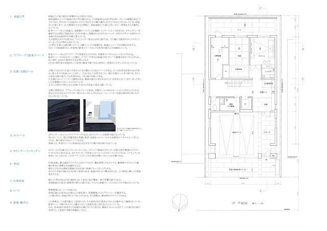 鈍い光沢を放つ金属板のなかに雲のような広がりを持つ家　平面計画1階