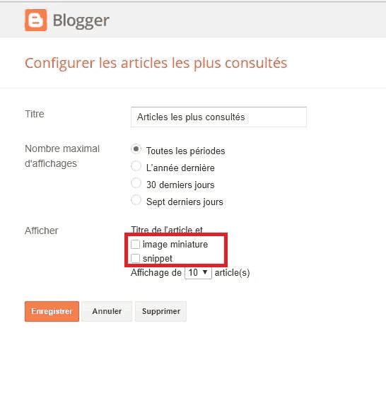 Fenêtre de configuration des articles les plus consultés