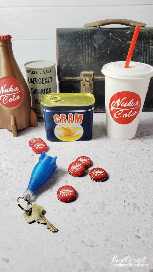 Most of my fallout decorations are real vintage treasures...like this Dusty Mole Miner Pail, a friend gave it to me, it was his grandpas!   These Emergency Drinking Waters are real too--they sound like they are full of some kind of gel, but I'll probably never open one!