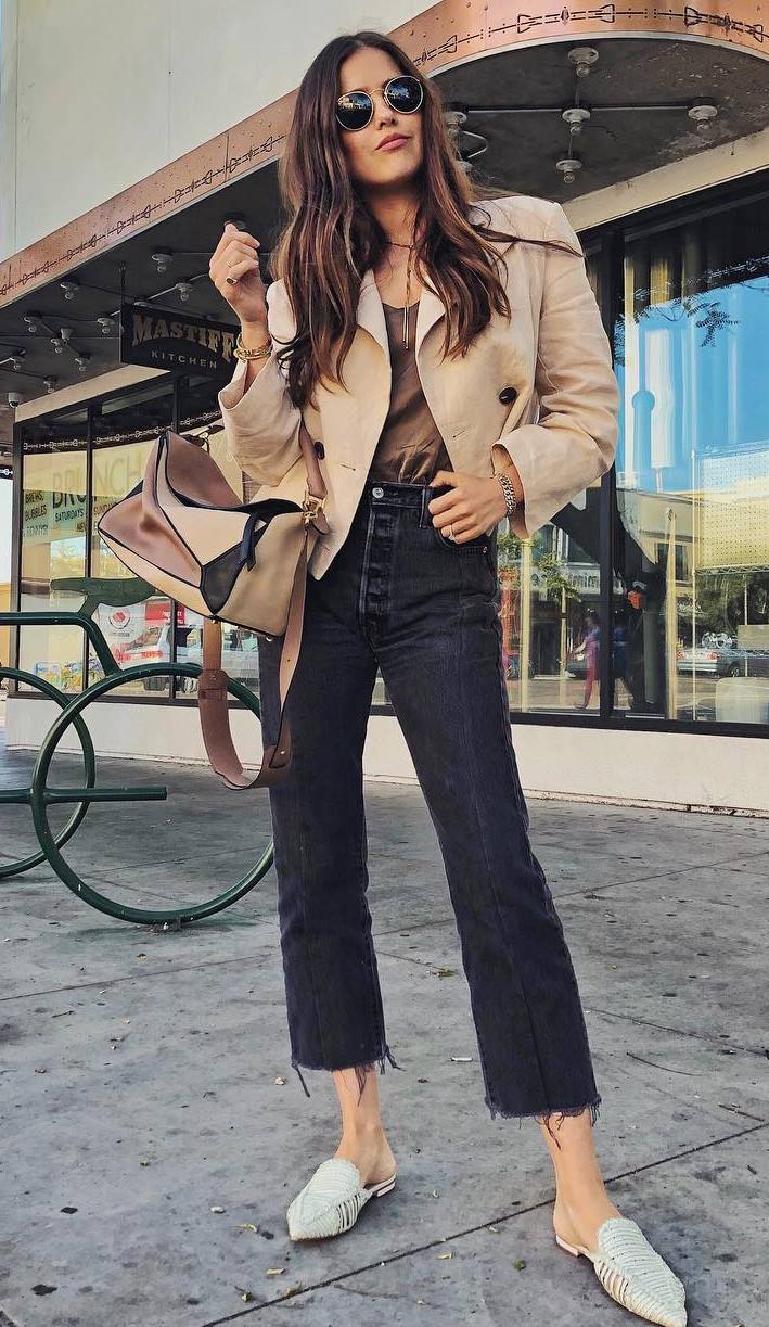 fall trends | beige jacket + top + backpack + loafers + jeans