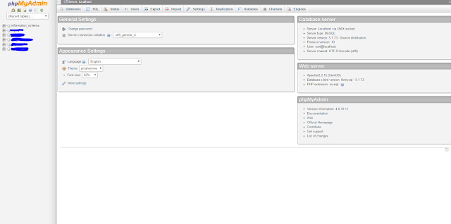 phpmyadmin main screen