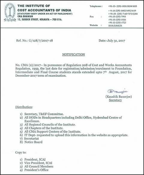 Registradon for CMA Foundation / Inter / Final Extended upto 7th August 2017 for Dec2017 Exam