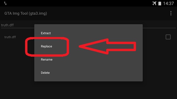 5. Klik tahan pada truth.dff lalu pilih opsi replace.