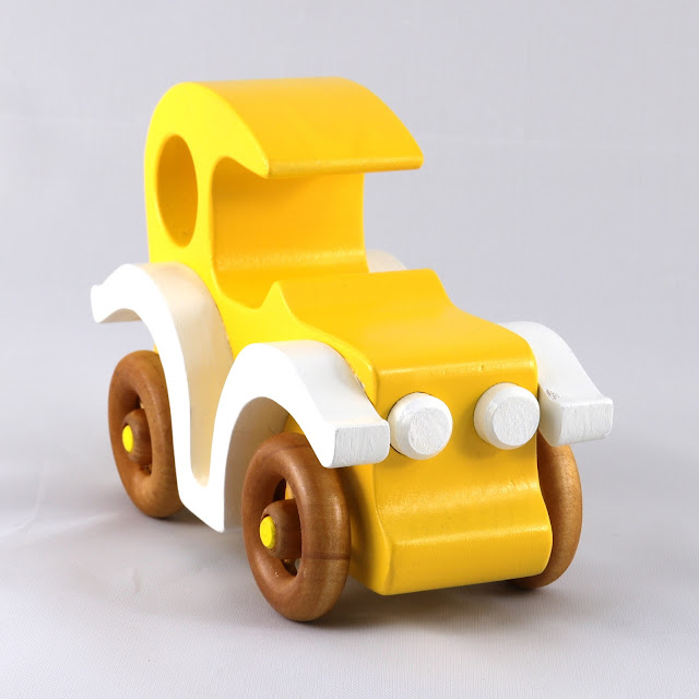 Wood Toy Car, Classic Model-T Sedan, Finished in Bright Yellow, White, & Amber Shellac, Bad Bob's Custom Motors