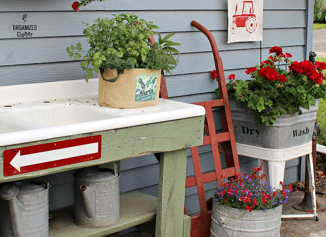 Photo of junk garden potting bench/sink plant & decor ideas.