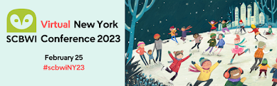 the virtual New York Winter 2023 SCBWI conference logo, showing children playing in a snowy park with a skyline of buildings behind them