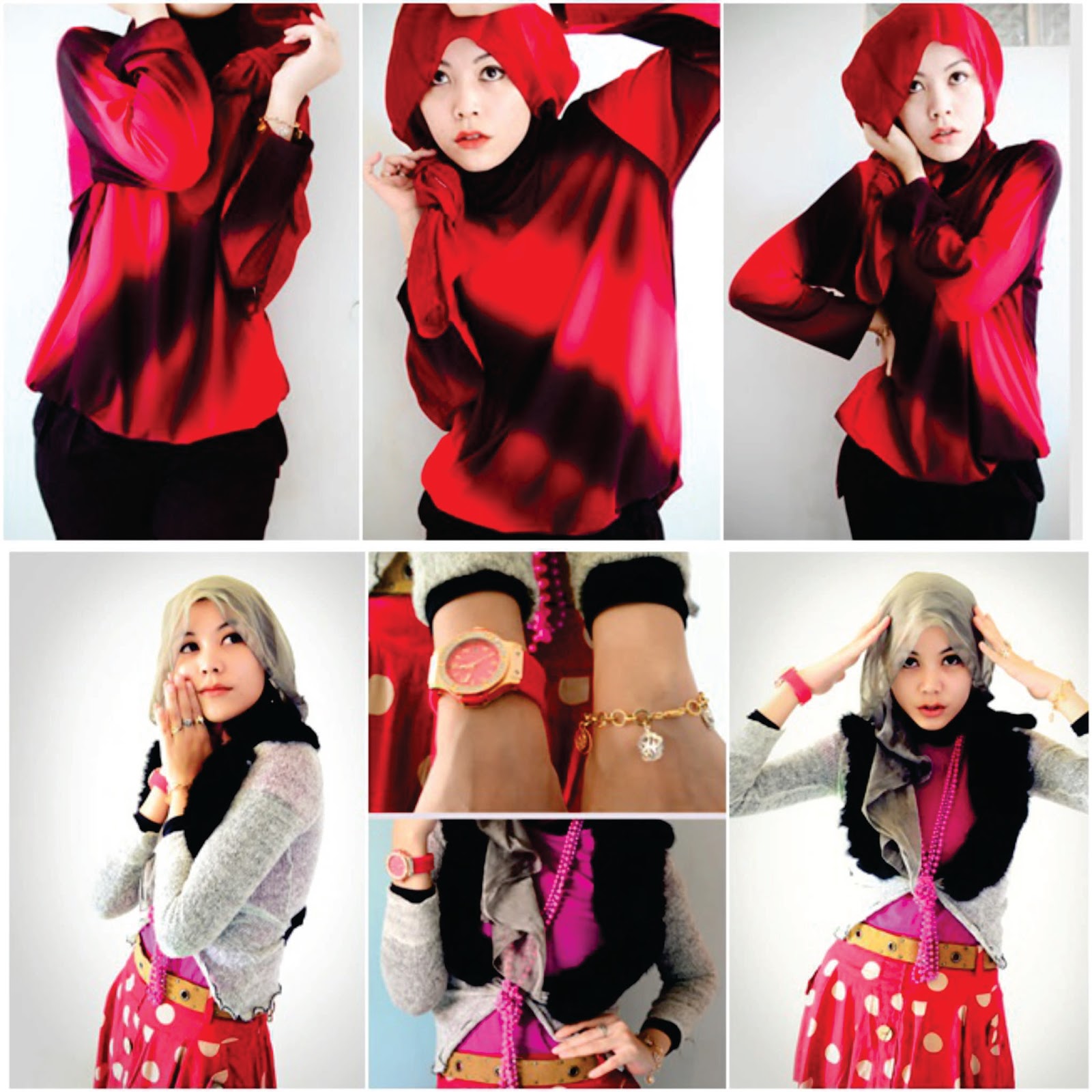 Model Hijab Paduan Busana Merah