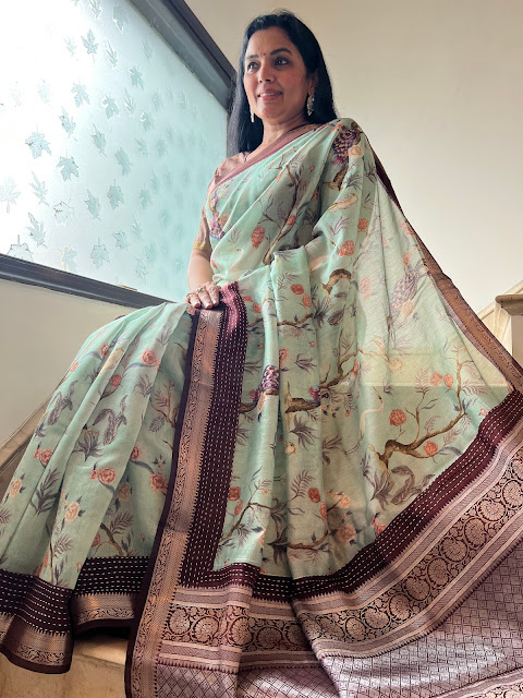 Charm of Handloom Chanderi with Hand-done Kantha and Digital Print