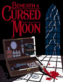 The book cover for "Beneath a Cursed Moon" with a red serif font and a window, looking out to lightning striking, casting light over a vampire hunter kit with garlic and a gun, a necklace with a strange circular symbol, and a bloodied stake.