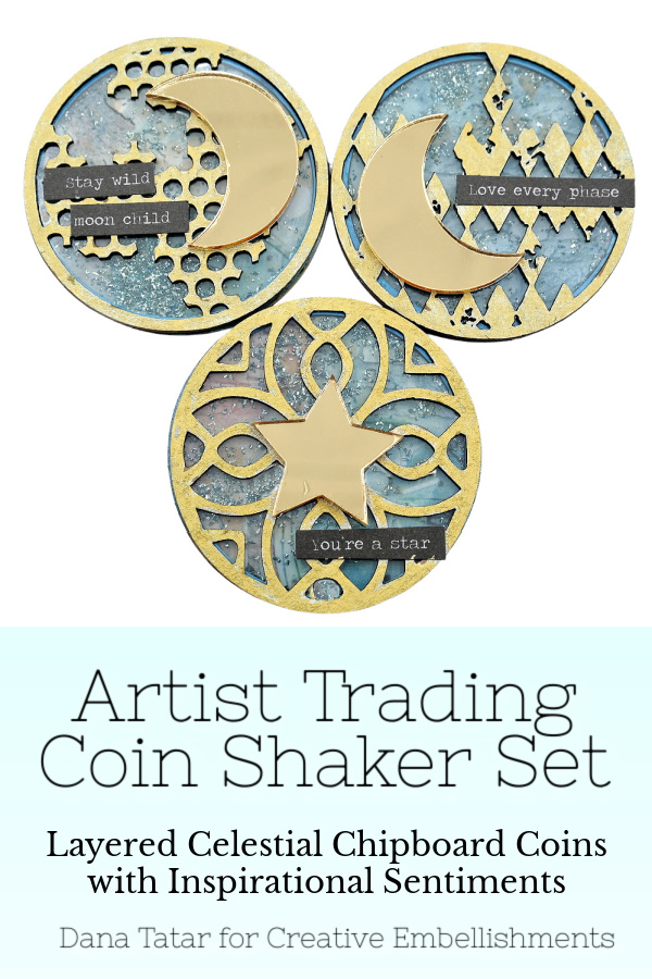 Celestial Metallic Gold Layered Chipboard Artist Trading Coin Shaker Trio