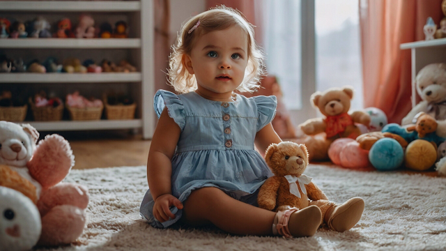 Bebê feminino brincando com seu ursinho
