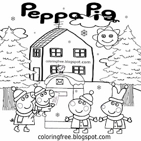 Snowfall Christmas post box wintry weather landscape picture Peppa Pig coloring in pages cute piggy