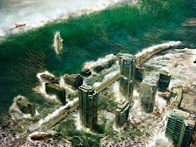 Apocalipse: Tsunami gigante invadindo litoral em 2036, arte digital