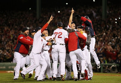 Boston Red Sox players celebrate their World Series win