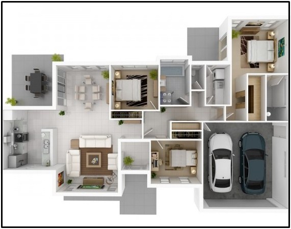 Denah Rumah Minimalis 3 kamar tidur 3D
