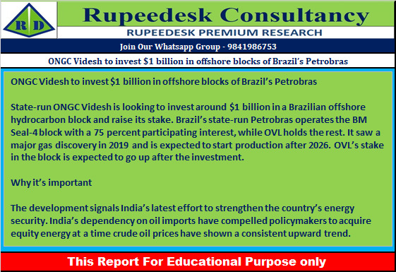 ONGC Videsh to invest $1 billion in offshore blocks of Brazil’s Petrobras - Rupeedesk Reports - 06.10.2022