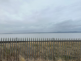 A view of a grey metal fence with a grey sea behind it and a grey sky above.  Photo by Kevin Nosferatu for the Skulferatu Project.