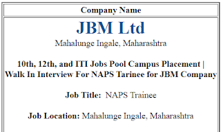 10th, 12th, and ITI Jobs Pool Campus Placement for JBM Company | Walk In Interview For NAPS Tarinee