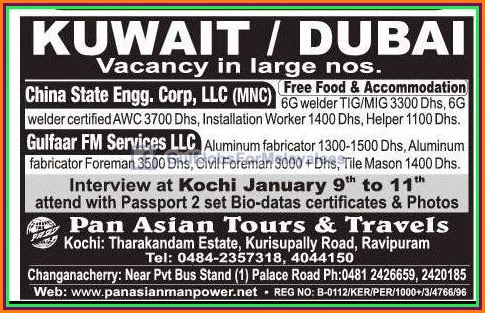Large Vacancies For Kuwait & Dubai