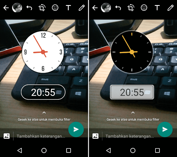 Berbagi foto di status WhatsApp itu sudah biasa sob Teknik Menambahkan Jam dan Lokasi di Status WhatsApp