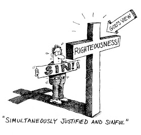 A cartoon of a man sweating and trembling, holding a sign that says ‘Sin!’. The man is standing in the shadow of the cross, with an arrow showing that from “God’s View,” the man is hidden, because the man is standing behind the cross.