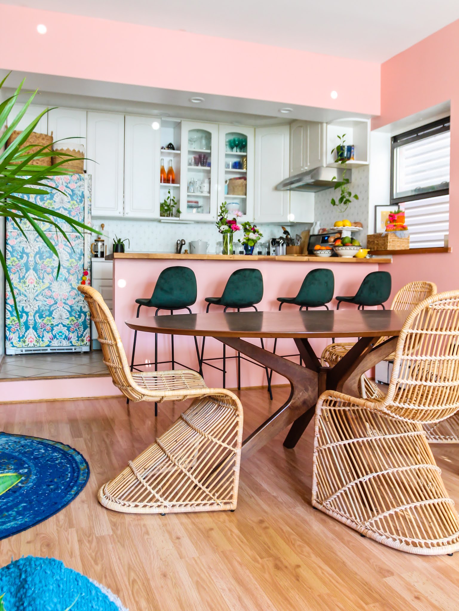 pink and green decor // green barstools // pink kitchen // diy wallpaper fridge // pink and green kitchen // colorful homes // Megan Zietz  Apartment // TfDiaries // pink and green room // pink and green Inspo // barstool inspo // velvet barstools