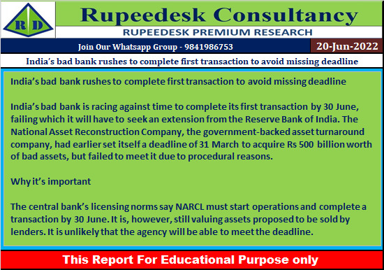 India’s bad bank rushes to complete first transaction to avoid missing deadline - Rupeedesk Reports - 20.06.2022