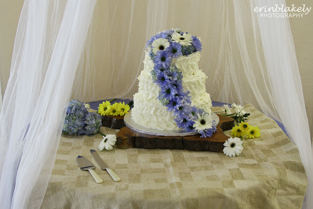 A combination of a tulle canopy and burlap graced the cake table