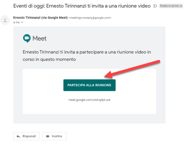 invito a una riunione con google meet