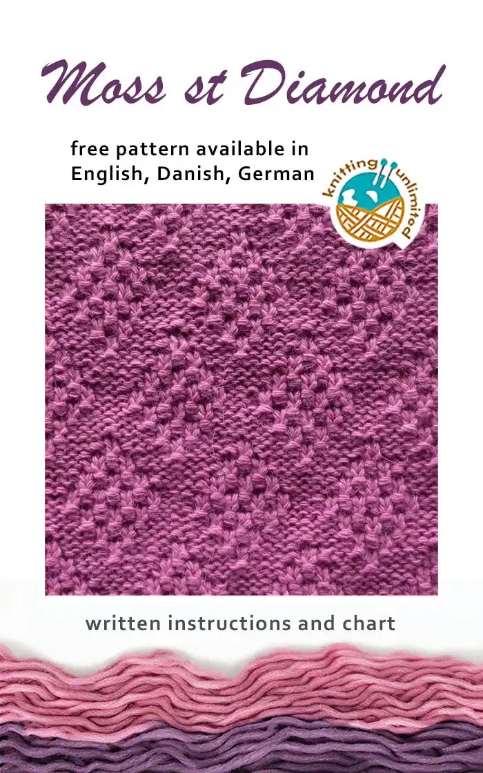 Moss st Diamond pattern is offered in three languages - English, Danish, and German - and all versions are available for free