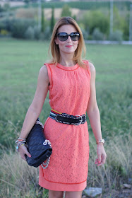 apricot lace dress, Miu Miu shoes